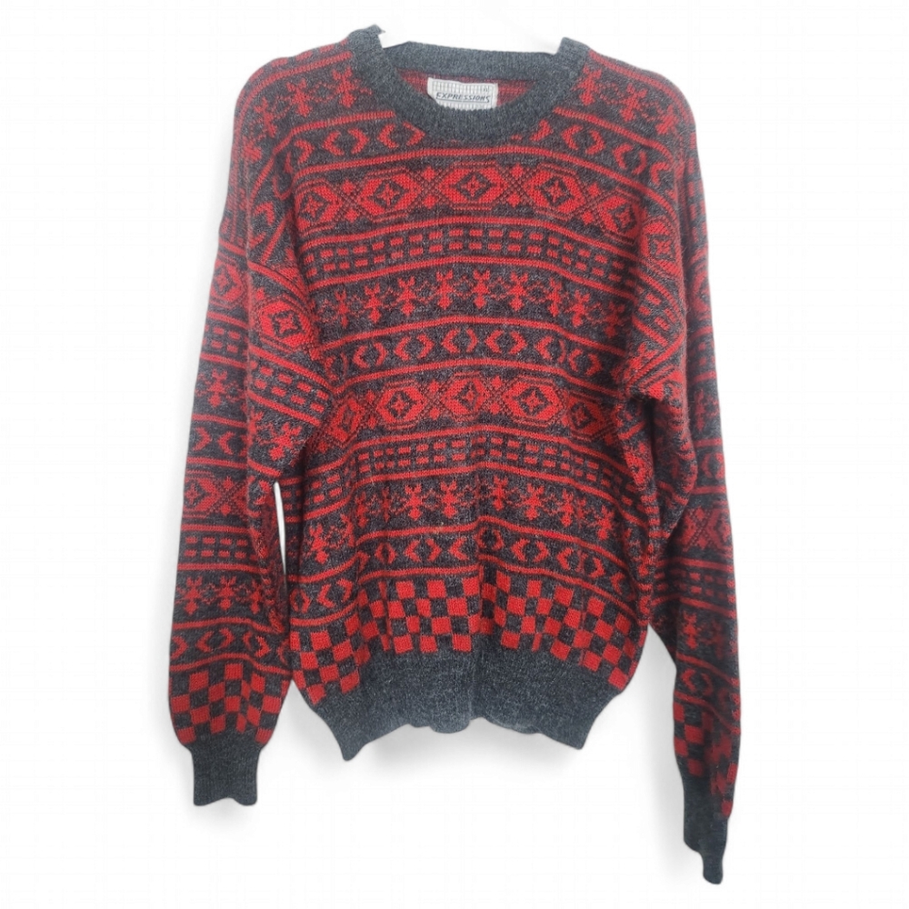 90s Vintage XL Aztec Print Crewneck Pullover Sweater Expressions Men Grey Red
